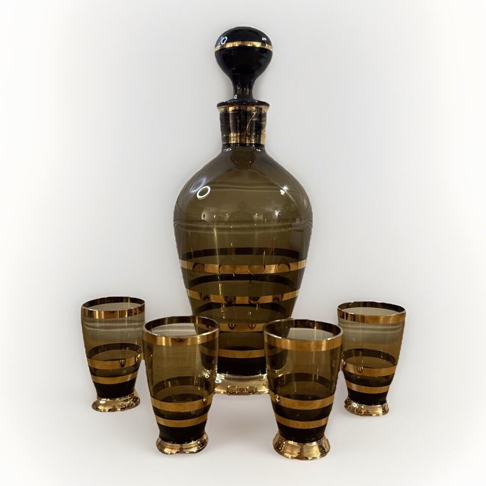 Vintage Romanian Amber Gold Hand Blown Art Glass Decanter w/4 Cordial Glasses